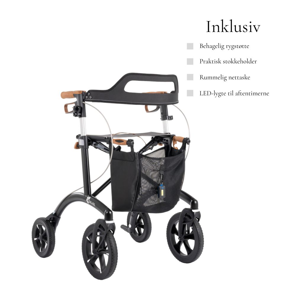 Saljol Rollatoren leveres med praktisk tilbehør.