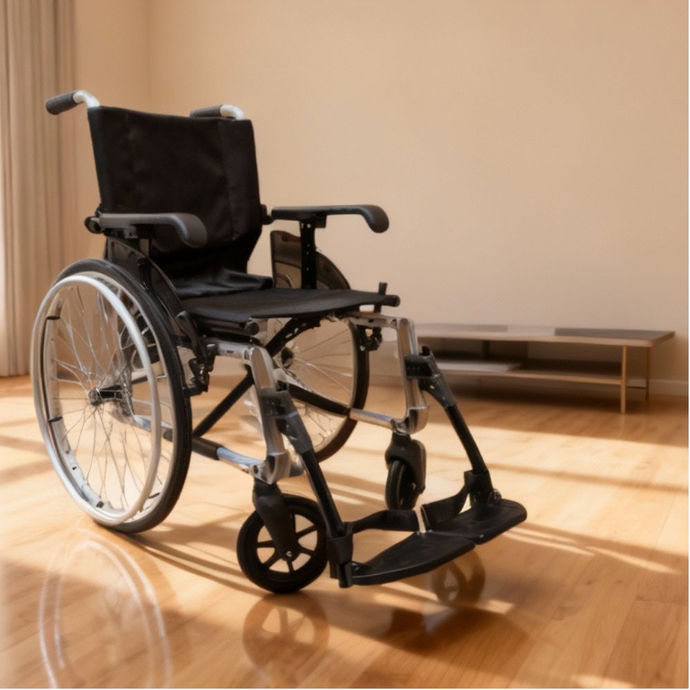 Line Q letvægtskørestol i aluminium, set fra højre profil